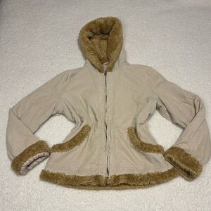 Static Women Beige Corduroy Fur Trim Full Zip Hooded Jacket